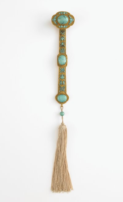 Cetro Ruyi, reinado de Qianlong (ouro, turquesa e seda) de Qing Dynasty Chinese School