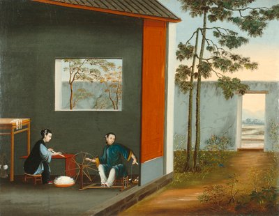 Duas mulheres a fiar, c.1800 (óleo sobre tela) de Qing Dynasty Chinese School