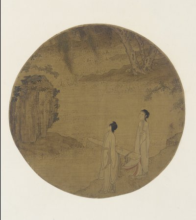 Duas mulheres com um qin (cítara) de Qing Dynasty Chinese School