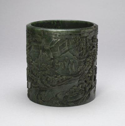 Brushpot com estudiosos e assistentes em uma paisagem montanhosa (jade com decoração esculpida) de Qing Dynasty Chinese School