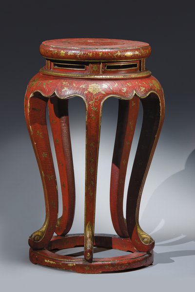 Jardinière (lacado em vermelho com detalhes em ouro, marrom e verde) de Qing Dynasty Chinese School