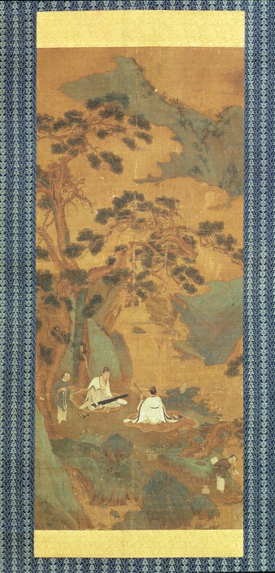 Dois estudiosos tocando Qin e Erhu sob um pinheiro de Qiu Ying