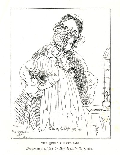 Imagem mais antiga conhecida da primeira filha de Victorias, depois da princesa Royal, de 3 meses, com ela de Queen Victoria