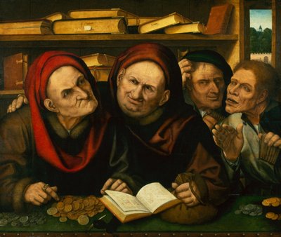 Camponeses no escritório de dois coletores de impostos (óleo no painel) de Quentin (workshop of) Massys or Metsys