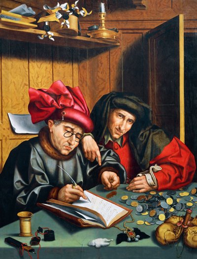Financiadores de dinheiro, cerca de 1515, por Quinten Metsys (1466-1530), Países Baixos de Quentin Massys or Matsys