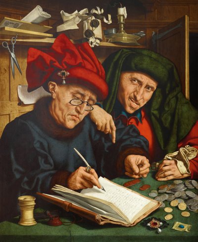 Cobradores de impostos. (Os Cobradores de Impostos) Pintura de Quentin Metsys (ou Quinten Matsys) (1466-1530), óleo sobre madeira, cerca de 1520. Arte primitiva flamenga de Quentin Massys or Metsys
