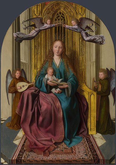 Madonna e criança entronizada com quatro anjos. Por volta de 1506-09 de Quinten Massys