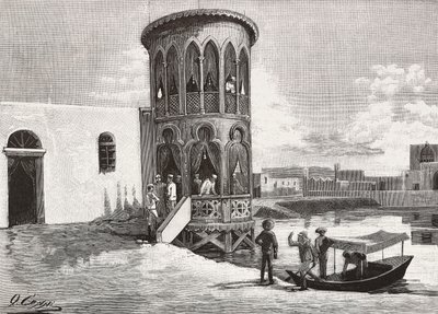 Uma pequena torre moura que acolhe o clube dos dirigentes italianos, Massawa, Eritreia, gravada a partir de um desenho de Quinto Cenni e de um esboço de Pieragostini, de L
