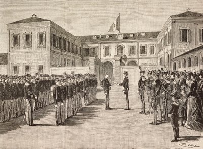 O Príncipe Vittorio Emanuele (1870-1946), Conde de Turim, dá diplomas para cadetes da academia militar de Milão, Itália, 14 de março de Quinto Cenni