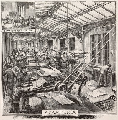 Gráfica na editora Fratelli Treves, Milão, Itália, gravura de desenho de Quinto Cenni, de L