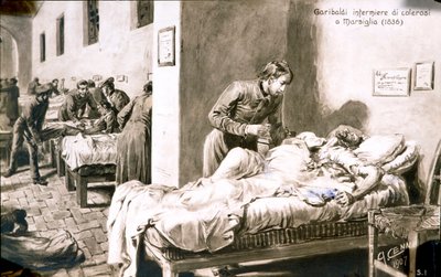 O patriota italiano Giuseppe Garibaldi (1807-1882) enfermeiro, sob o nome de Pan-Borel (Pane Borel), aos doentes de cólera em Marselha em 1836. Cartão postal da Coleção Privada do século XIX de Quinto Cenni