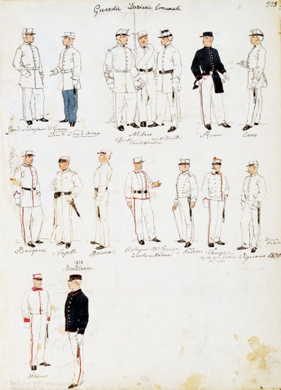 Uniformes dos guardas aduaneiros do Reino de Itália entre 1873-1878, placa do Cenni Codex, colecção de esboços militares em aguarela de Quinto Cenni