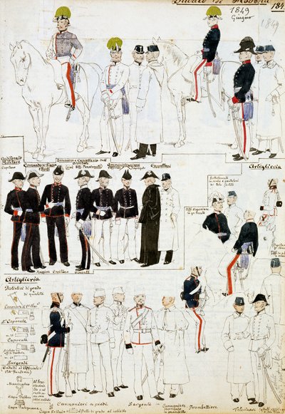 Uniformes do Ducado de Modena em 1849, placa da colecção de esboços militares Cenni Codex em aguarela de Quinto Cenni