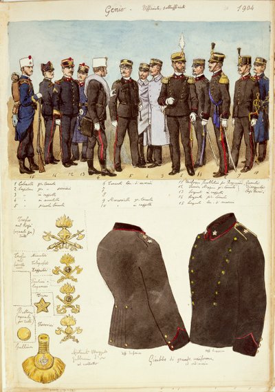 Uniformes de Genio (engenheiros), oficiais e não oficiais do Reino da Itália, placa colorida por Quinto Cenni de Quinto Cenni