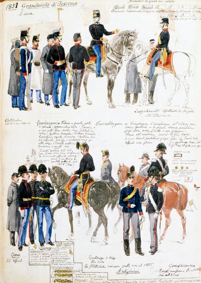 Uniformes do Grão-Ducado da Toscana em 1851, placa tirada do códice Cenni, coleção de esboços militares desenhados por Quinto Cenni (1845-1917) de Quinto Cenni