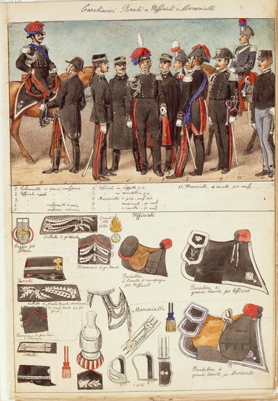 Uniformes do Royal Carabinieri, oficiais e sargentos do Reino de Itália, placa colorida por Quinto Cenni de Quinto Cenni
