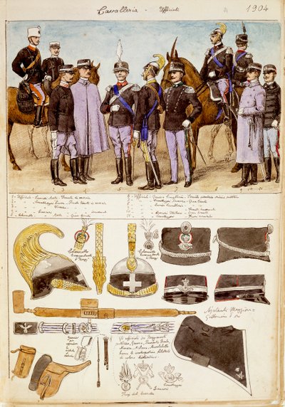 Uniformes de oficiais de cavalaria do Reino de Itália, placa colorida por Quinto Cenni de Quinto Cenni