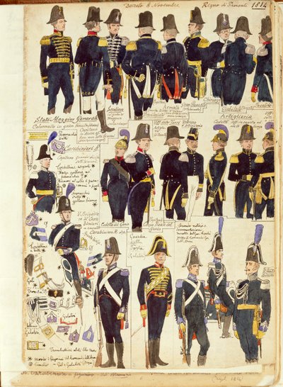 Uniformes do exército piemontês de 1814. Placa colorida por Cenni Quinto de Quinto Cenni