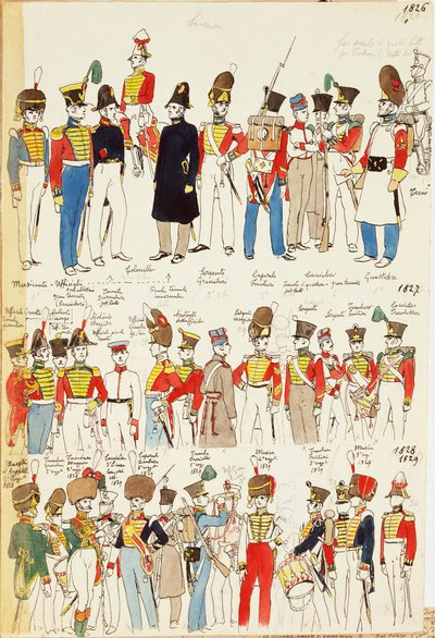 Vários uniformes, datados de 1826 a 1829. Placa colorida por Cenni Quinto de Quinto Cenni