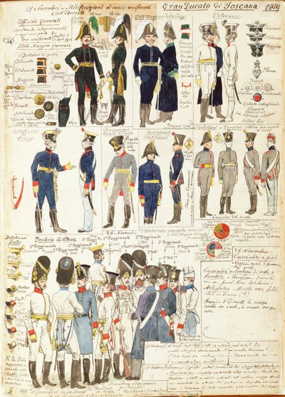 Vários uniformes do Grão-Ducado da Toscana por Quinto Cenni, placa de cor de Quinto Cenni
