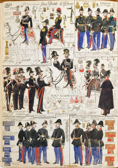 Vários uniformes do Grão-Ducado da Toscana por Quinto Cenni, placa de cor de Quinto Cenni