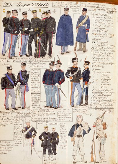 Vários uniformes do Reino de Itália, placa colorida por Quinto Cenni de Quinto Cenni