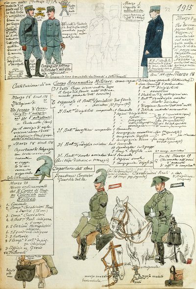 Vários uniformes do Reino de Itália, placa colorida por Quinto Cenni de Quinto Cenni