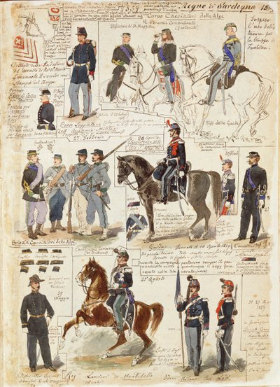 Vários uniformes do Reino da Sardenha por Quinto Cenni, placa de cor de Quinto Cenni
