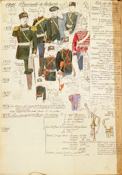 Vários uniformes do Principado da Bulgária, placa colorida por Quinto Cenni de Quinto Cenni