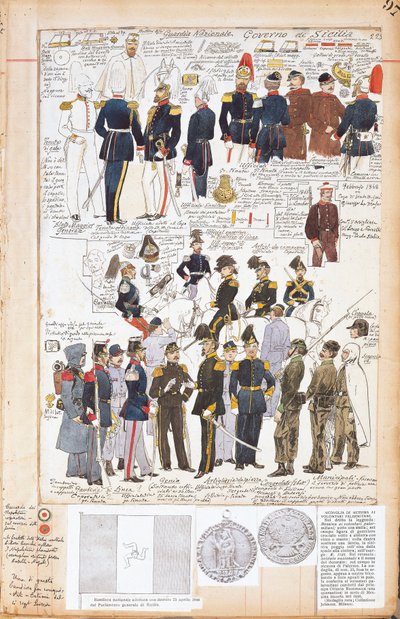 Vários uniformes do Governo Provisório da Sicília por Quinto Cenni, placa colorida de Quinto Cenni