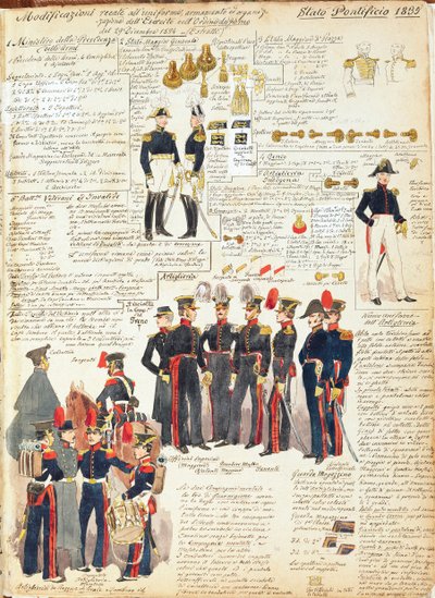 Vários uniformes dos Estados Papais desde 1835. Placa colorida por Cenni Quinto de Quinto Cenni