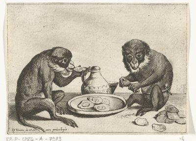 Dois macacos a comer ostras
Vários actos de vida humana representados por macacos (título da série)
O jogo do macaco no mundo (título da série) de Quirin Boel