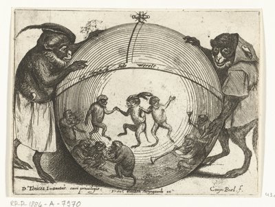 Dois macacos seguram um globo
Vários actos de vida humana representados por macacos (título da série)
O jogo do macaco no mundo (título da série sobre o objecto) de Quirin Boel
