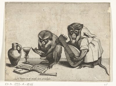Dois macacos fazem música
Vários actos de vida humana representados por macacos (título da série) de Quirin Boel