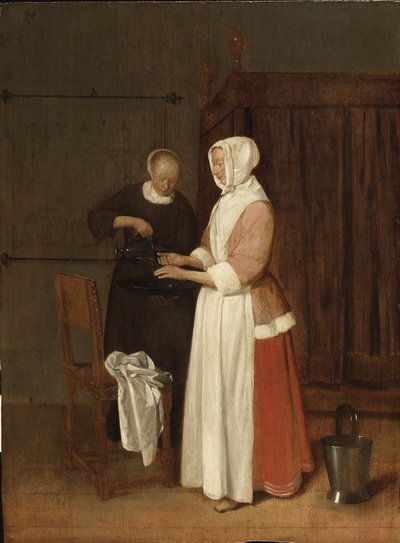 Uma mulher lavando as mãos, 1662 (óleo em carvalho) de Quiringh Van Brekelenkam