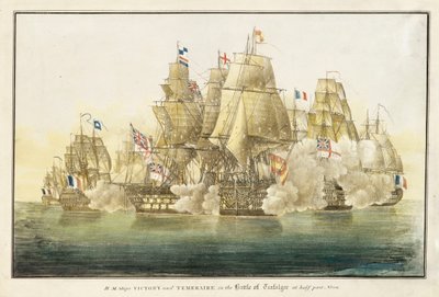 Navios H.M.S. "Victory" e "Temeraire", na Batalha de Trafalgar ao meio-dia e meia (litografia) de R. H. Nimmo