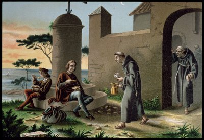 A Chegada de Cristóvão Colombo (1451-1506) com o seu Filho ao Mosteiro de la Rabida, de The Discovery of America, publicado em Barcelona em 1878 (cor litho) de R. Puiggari