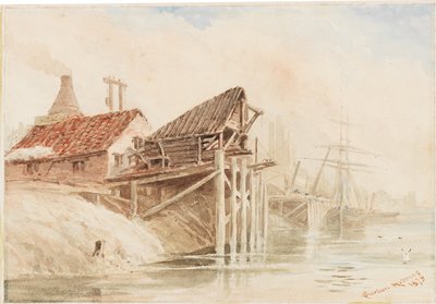 Old Carvão Shipping Staithes perto Wallsend (lápis e wc no papel colado no cartão) de R. Sheriton Holmes