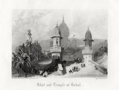 Ghat e templo em Gokul, Índia, c1838. de R. Wallis