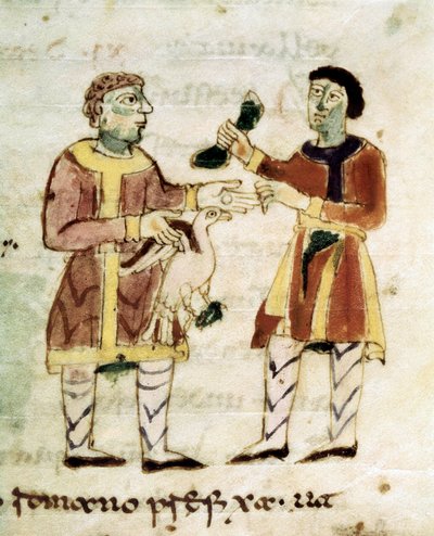 O mercador de galinhas de um manuscrito ""De Universo"" (ou De rerum naturis (De la Nature des chooses) de Rabanus Maurus or Mauro Rabano Magnentius