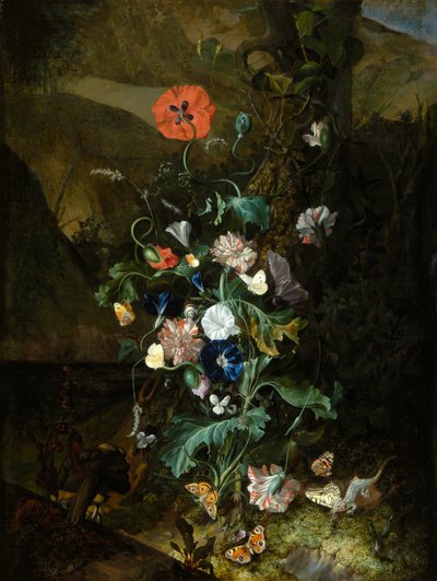 Um arranjo de flores junto a um tronco de árvore, c.1683 (óleo sobre tela) de Rachel Ruysch