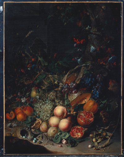 Pêssegos, uvas, romãs, melões, uma espiga de milho, damascos, ameixas, peras, bolotas, 1718 de Rachel Ruysch