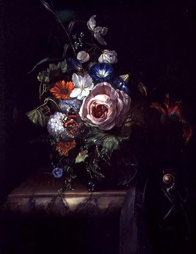 Rosas e outras flores em tigela de vidro (óleo sobre tela) de Rachel Ruysch