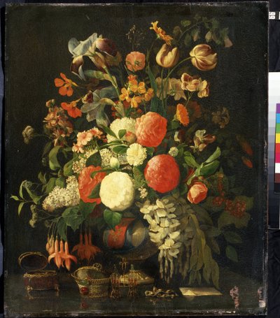 "Bouquet de flores" (Flores) Sobre a mesa estão estojos de jóias. Pintura de Rachel Ruysch (1664-1750) Museu de Arte Mikhail Kroshitsky, Sevastopol (Sebastopol) Ucrânia de Rachel Ruysh