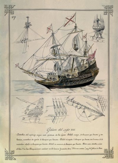 GALEÃO DO SÉCULO DEZESSETE NUM DESENHO DO SÉCULO DEZENOVE de Rafael Monleon y Torres