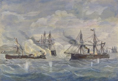 Combate Naval enfeitiçou o navio peruano "Huascar" contra o chileno "Blanco Encalada" e o "Cochrane" em 1879 de Rafael Monleon y Torres