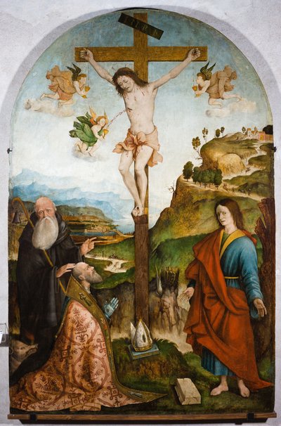 Crucificação, c.1528 (têmpera sobre painel) de Raffaele De (fl.1514 1573) Pancalino