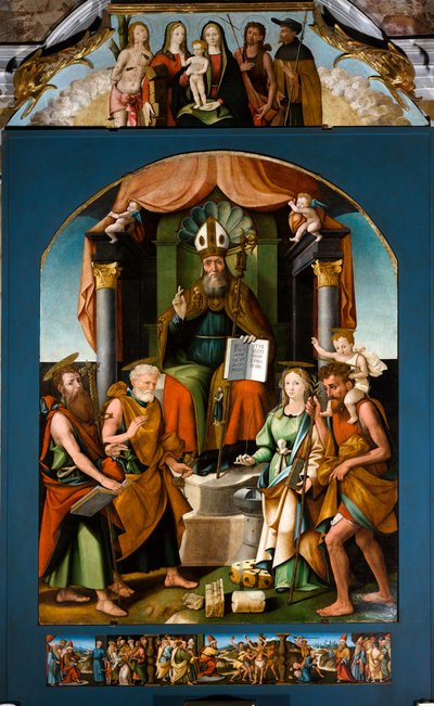 Heiliger Blasius auf dem Thron zwischen den Heiligen Petrus, Paulus, Katharina von Alexandria und Christophorus, zentrales Altarbild von Raffaele De (fl.1514-1573) Pancalino