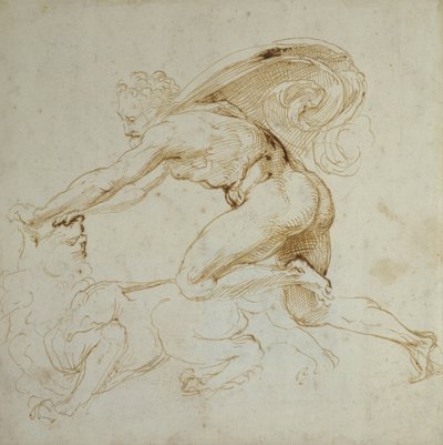 Hércules dominando um Leão (caneta e tinta marrom em papel branco) de Raffaello Sanzio Raphael