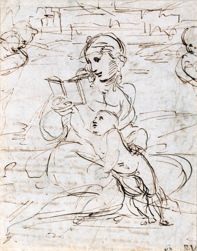 Lendo Madonna e Criança em uma Paisagem entre duas Cabeças de Querubim, 1509 de Raffaello Sanzio Raphael